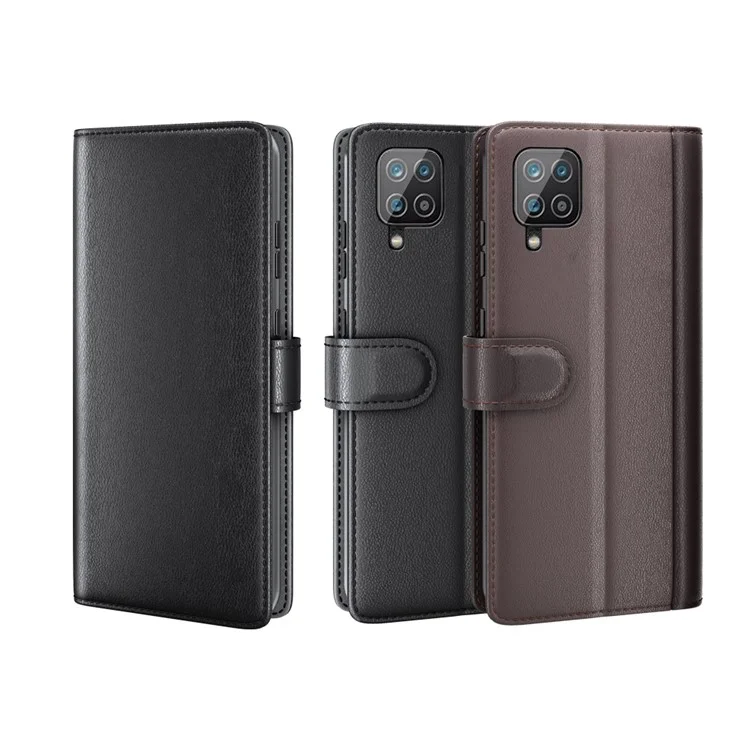For Samsung Galaxy A12 Case Genuine Split Leather Phone Cover with Wallet Stand - Black-Cellmalls