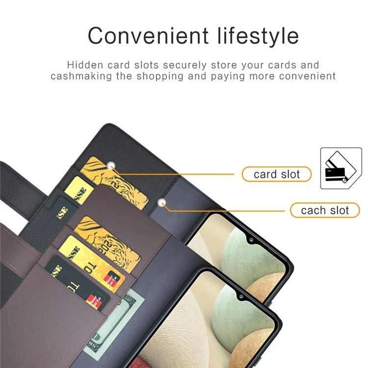 For Samsung Galaxy A12 Case Genuine Split Leather Phone Cover with Wallet Stand - Black-Cellmalls