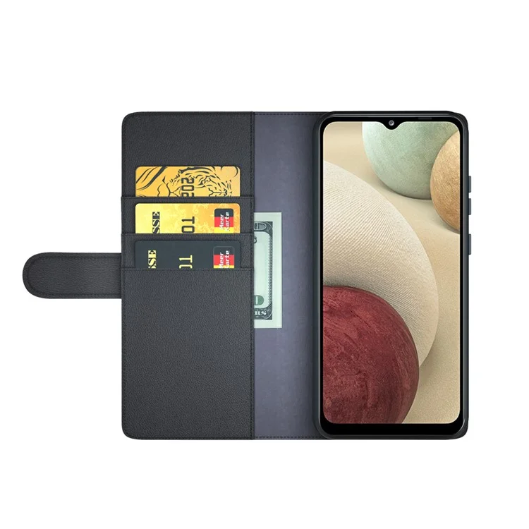 For Samsung Galaxy A12 Case Genuine Split Leather Phone Cover with Wallet Stand - Black-Cellmalls