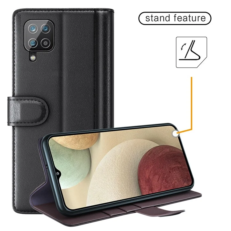 For Samsung Galaxy A12 Case Genuine Split Leather Phone Cover with Wallet Stand - Black-Cellmalls