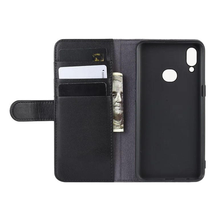 For Samsung Galaxy A10s Phone Cases Genuine Split Leather Wallet Mobile Cover Stand - Black-Cellmalls