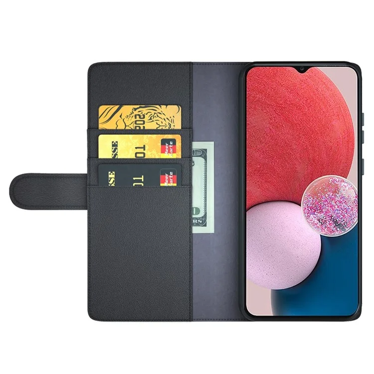 For Samsung Galaxy A13 4G Split Leather Genuine Leather Folio Flip Phone Case with Wallet Stand - Black-Cellmalls