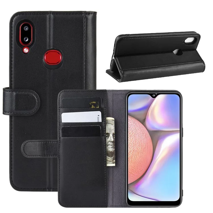 For Samsung Galaxy A10s Phone Cases Genuine Split Leather Wallet Mobile Cover Stand - Black-Cellmalls