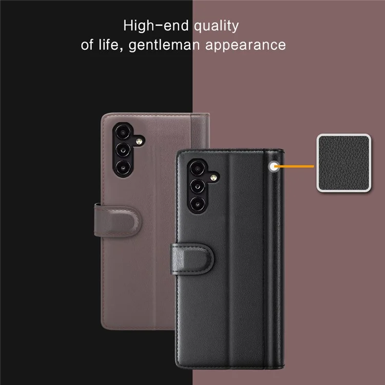 For Samsung Galaxy A14 5G / 4G Case Genuine Split Leather Phone Cover with Wallet Stand - Brown-Cellmalls