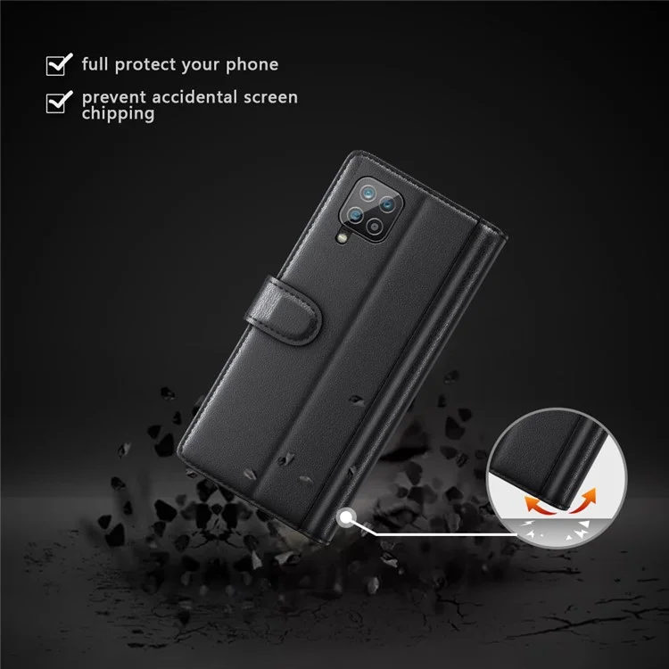 For Samsung Galaxy A12 Case Genuine Split Leather Phone Cover with Wallet Stand - Black-Cellmalls