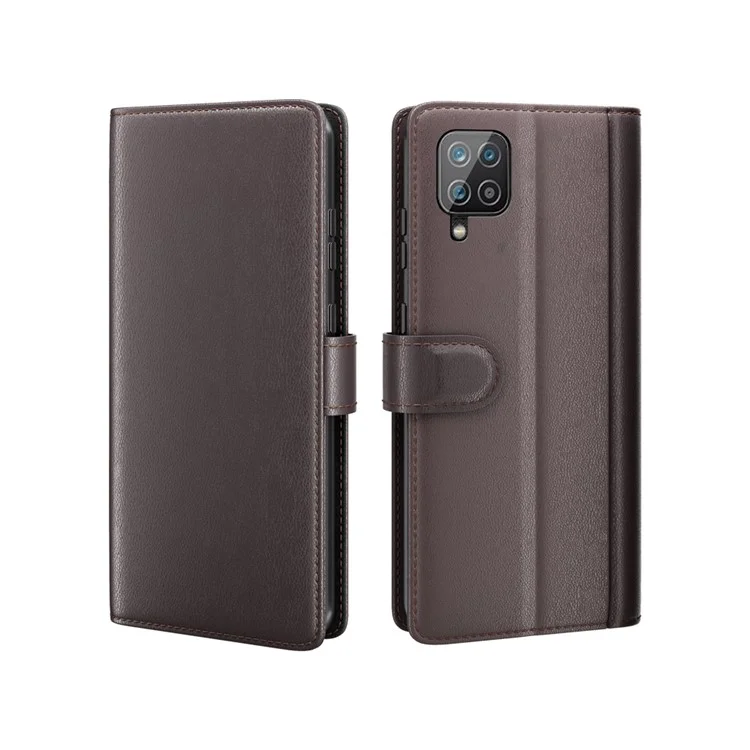 For Samsung Galaxy A12 Case Genuine Split Leather Phone Cover with Wallet Stand - Black-Cellmalls
