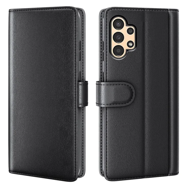 For Samsung Galaxy A13 4G Split Leather Genuine Leather Folio Flip Phone Case with Wallet Stand - Black-Cellmalls