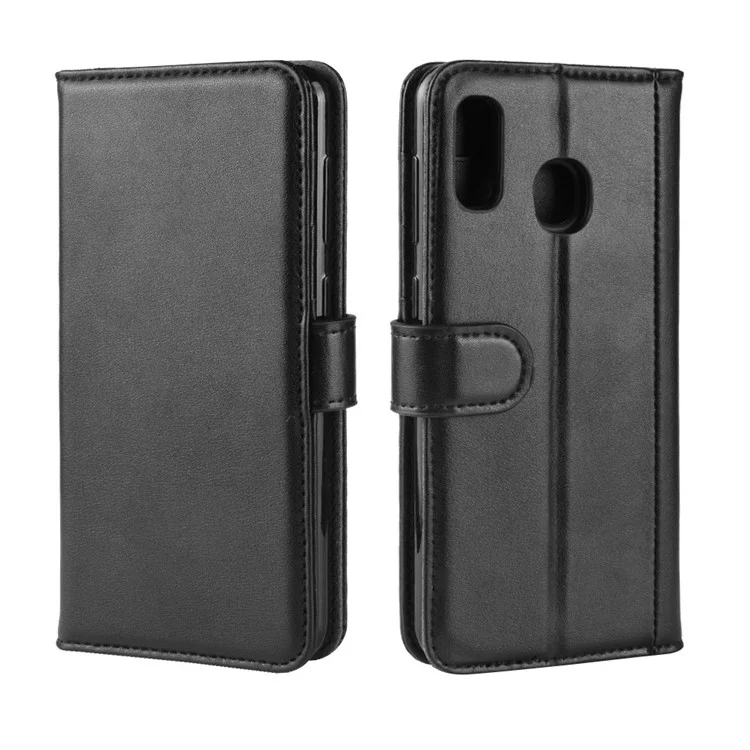 For Samsung Galaxy A20e Phone Cases Genuine Split Leather Wallet Mobile Cover Stand - Black-Cellmalls