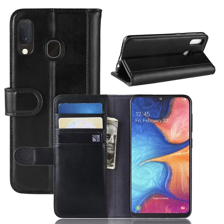 For Samsung Galaxy A20e Phone Cases Genuine Split Leather Wallet Mobile Cover Stand - Black-Cellmalls