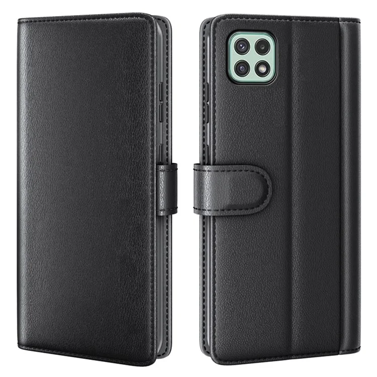 For Samsung Galaxy A22 5G (EU Version) Split Leather Genuine Leather Full Protection Wallet Stand Phone Case - Black-Cellmalls