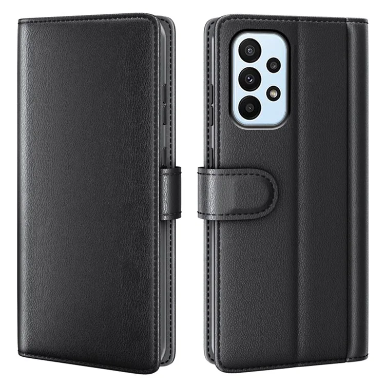 For Samsung Galaxy A23 5G (Global Version) / 4G Split Leather Genuine Leather Phone Case Drop-proof Wallet Stand Flip Cover - Black-Cellmalls