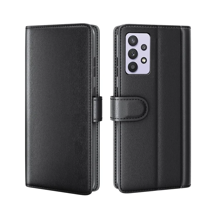 For Samsung Galaxy A32 5G / M32 5G Case Genuine Split Leather Phone Cover with Wallet Stand - Black-Cellmalls