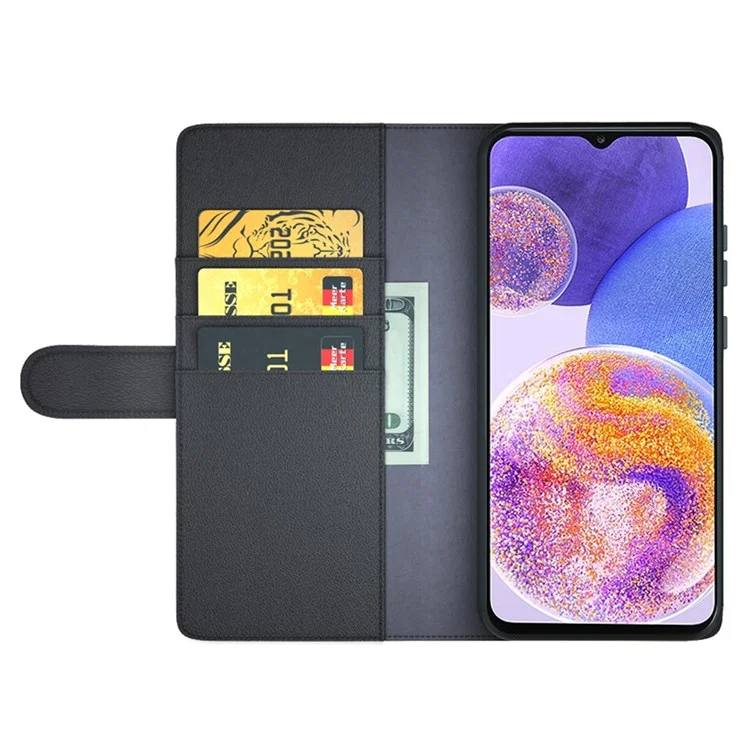 For Samsung Galaxy A23 5G (Global Version) / 4G Split Leather Genuine Leather Phone Case Drop-proof Wallet Stand Flip Cover - Black-Cellmalls