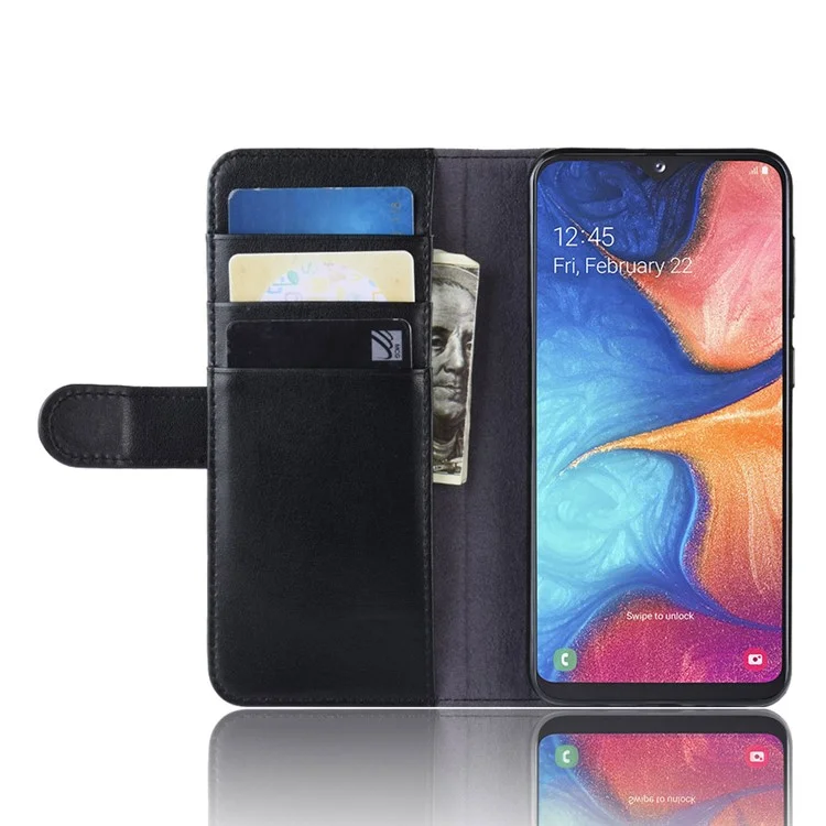 For Samsung Galaxy A20e Phone Cases Genuine Split Leather Wallet Mobile Cover Stand - Black-Cellmalls