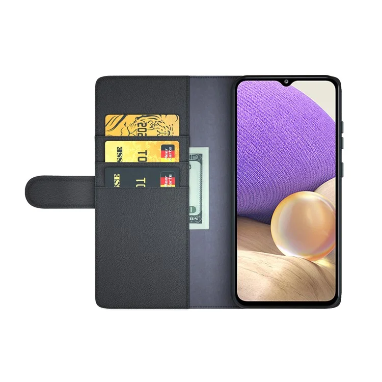 For Samsung Galaxy A32 5G / M32 5G Case Genuine Split Leather Phone Cover with Wallet Stand - Black-Cellmalls