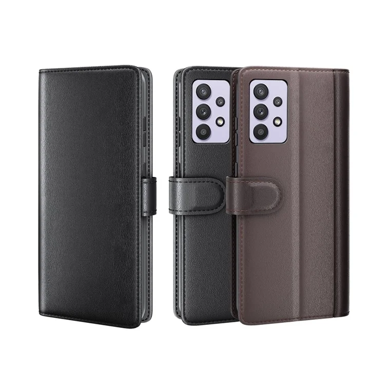 For Samsung Galaxy A32 5G / M32 5G Case Genuine Split Leather Phone Cover with Wallet Stand - Black-Cellmalls