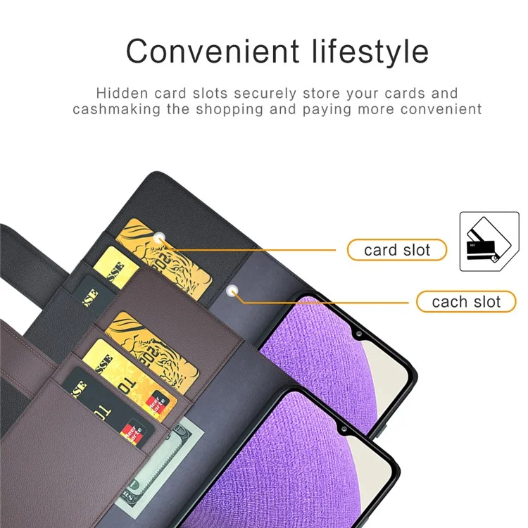 For Samsung Galaxy A32 5G / M32 5G Case Genuine Split Leather Phone Cover with Wallet Stand - Black-Cellmalls