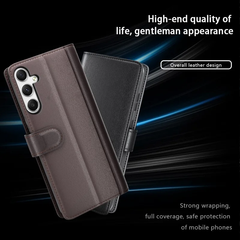 For Samsung Galaxy A35 5G Case Genuine Split Leather Phone Cover with Wallet Stand - Black-Cellmalls