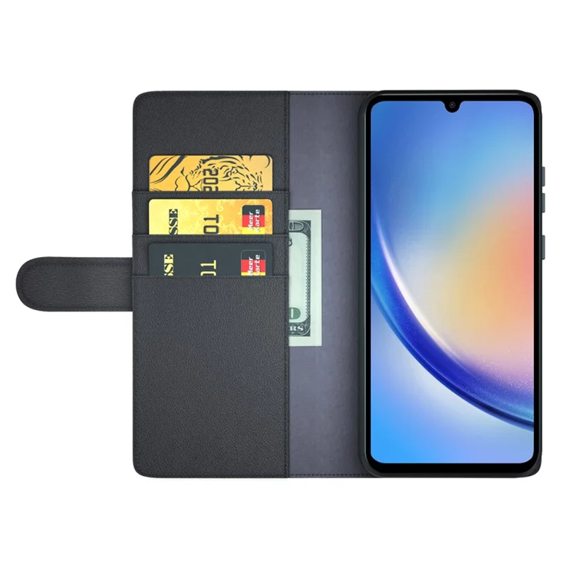 For Samsung Galaxy A35 5G Case Genuine Split Leather Phone Cover with Wallet Stand - Black-Cellmalls