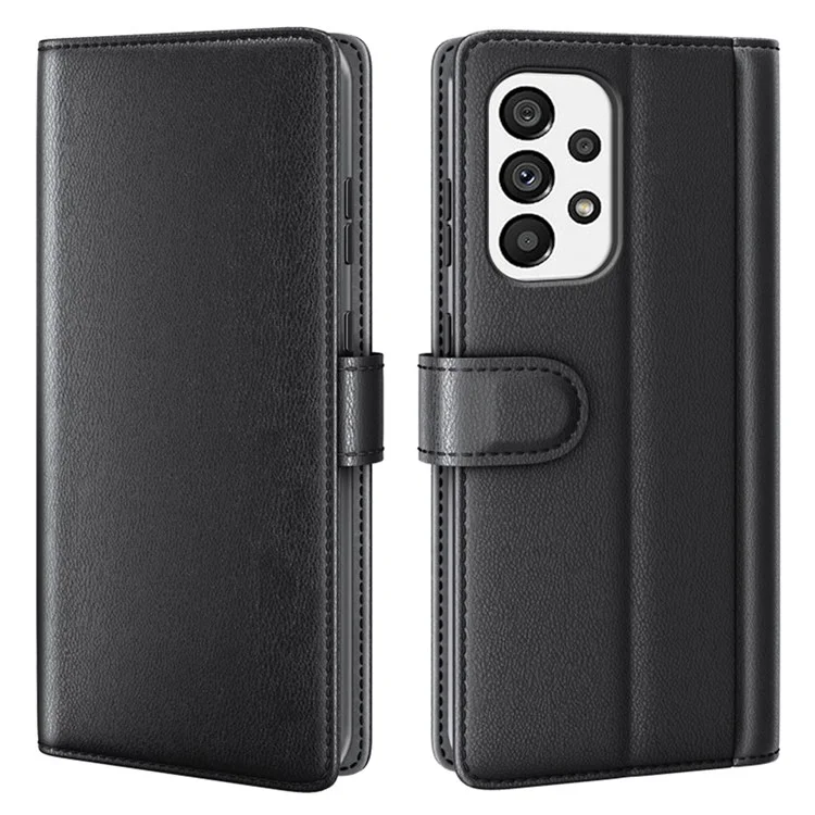 For Samsung Galaxy A33 5G Stand Wallet Phone Case Split Leather Genuine Leather Folio Flip Protective Cover - Black-Cellmalls