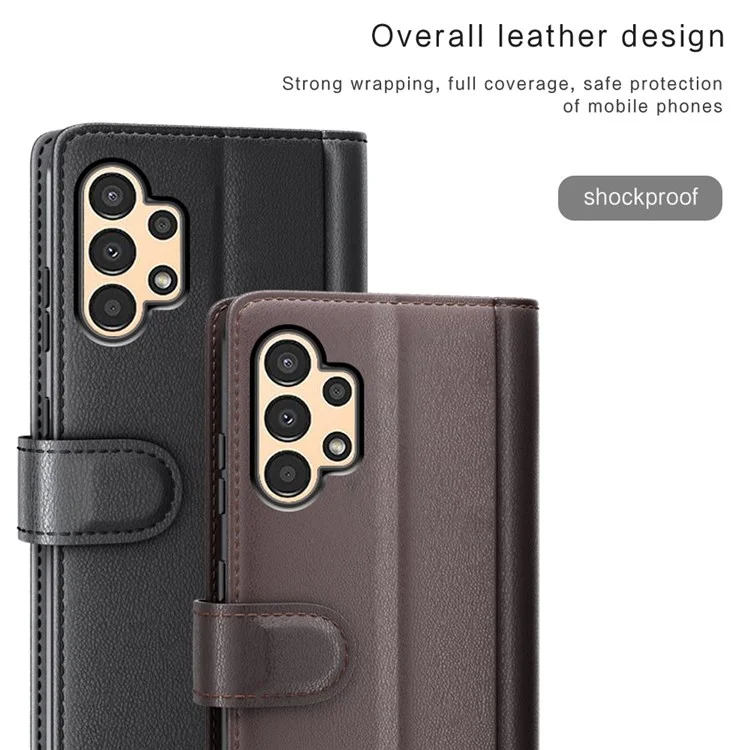 For Samsung Galaxy A13 4G Split Leather Genuine Leather Folio Flip Phone Case with Wallet Stand - Black-Cellmalls