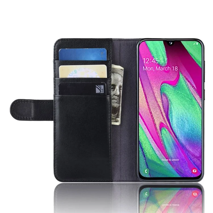 For Samsung Galaxy A40 Phone Cases Genuine Split Leather Wallet Mobile Cover Stand - Black-Cellmalls