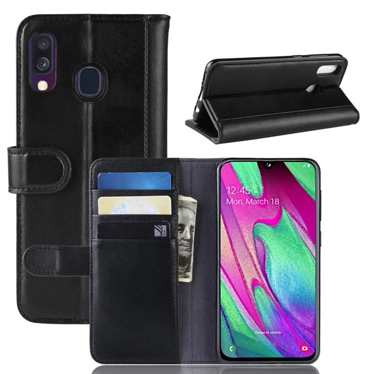 For Samsung Galaxy A40 Phone Cases Genuine Split Leather Wallet Mobile Cover Stand - Black-Cellmalls