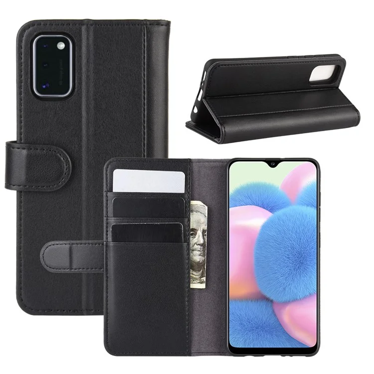 For Samsung Galaxy A41 (Global) Phone Cases Genuine Split Leather Wallet Mobile Cover Stand - Black-Cellmalls