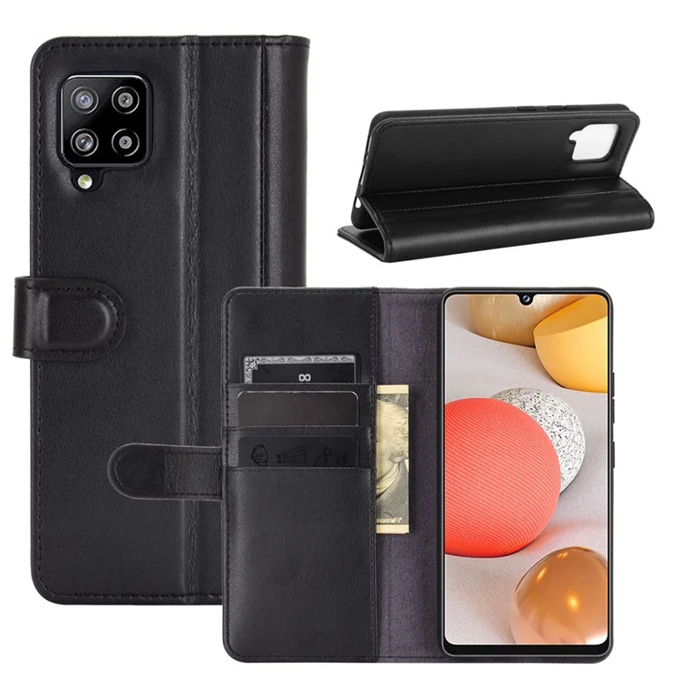 For Samsung Galaxy A42 5G Phone Cases Genuine Split Leather Wallet Mobile Cover Stand - Black-Cellmalls