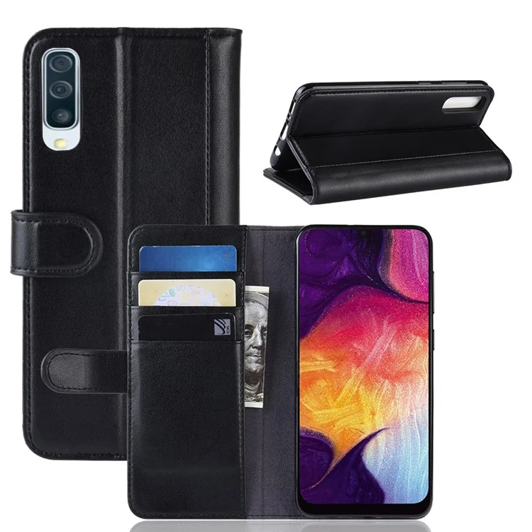 For Samsung Galaxy A50 / A50s / A30s Phone Cases Genuine Split Leather Wallet Mobile Cover Stand - Black-Cellmalls