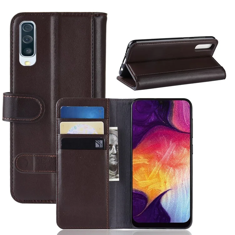 For Samsung Galaxy A50 / A50s / A30s Phone Cases Genuine Split Leather Wallet Mobile Cover Stand - Black-Cellmalls