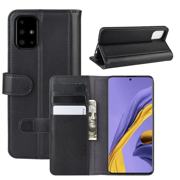 For Samsung Galaxy A51 Phone Cases Genuine Split Leather Wallet Mobile Cover Stand - Black-Cellmalls