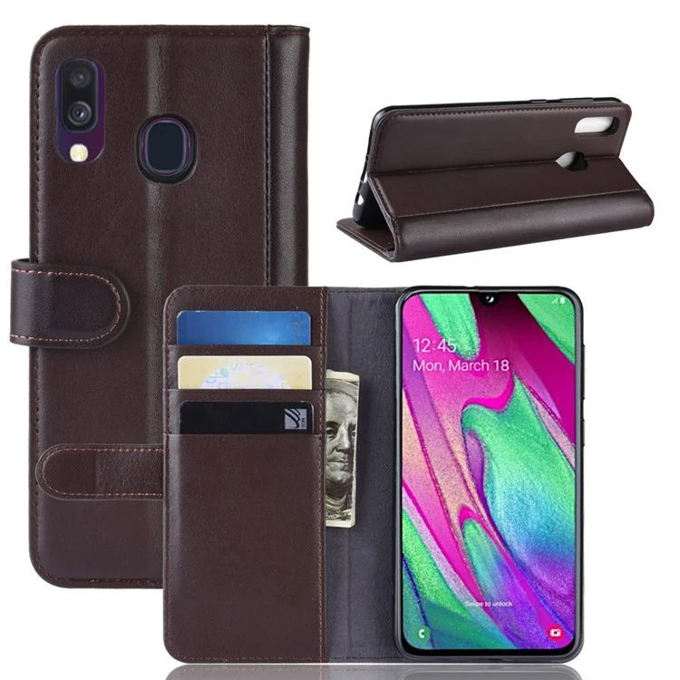 For Samsung Galaxy A40 Phone Cases Genuine Split Leather Wallet Mobile Cover Stand - Black-Cellmalls