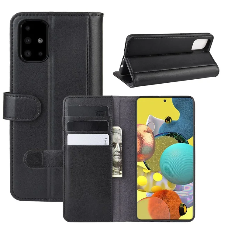 For Samsung Galaxy A51 5G SM-A516 Phone Cases Genuine Split Leather Wallet Mobile Cover Stand - Black-Cellmalls