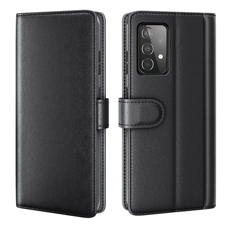 For Samsung Galaxy A52 5G / 4G Case Genuine Split Leather Phone Cover with Wallet Stand - Black-Cellmalls