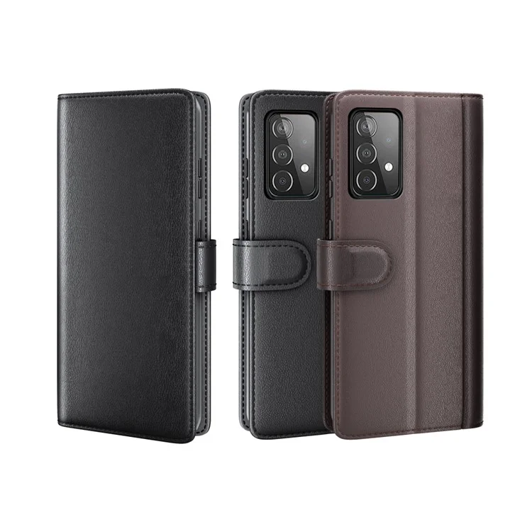 For Samsung Galaxy A52 5G / 4G Case Genuine Split Leather Phone Cover with Wallet Stand - Black-Cellmalls