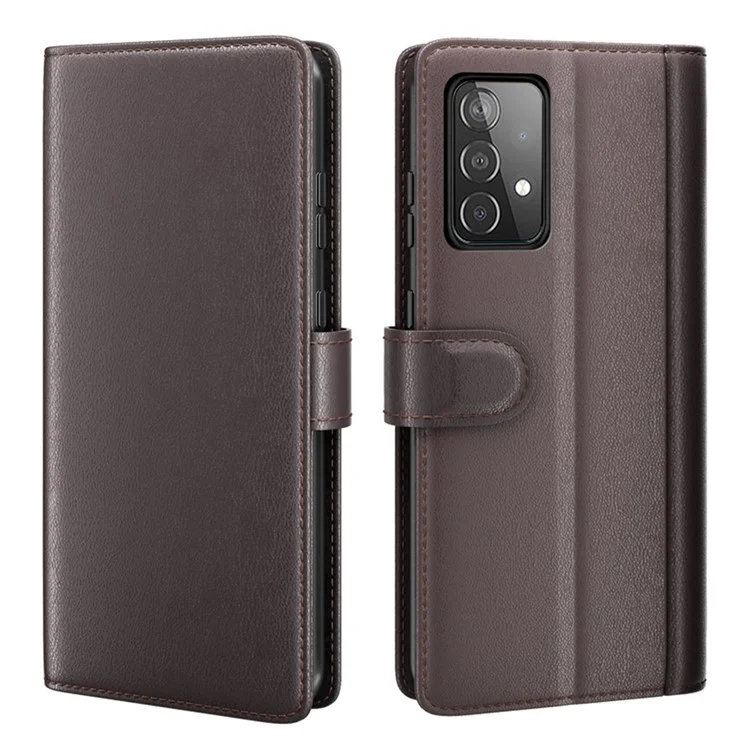For Samsung Galaxy A52 5G / 4G Case Genuine Split Leather Phone Cover with Wallet Stand - Black-Cellmalls