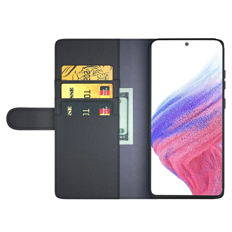 For Samsung Galaxy A53 5G Wallet Case Split Leather Genuine Leather Folio Flip Stand Shockproof Cover - Black-Cellmalls