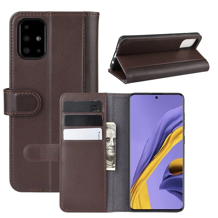 For Samsung Galaxy A51 Phone Cases Genuine Split Leather Wallet Mobile Cover Stand - Black-Cellmalls
