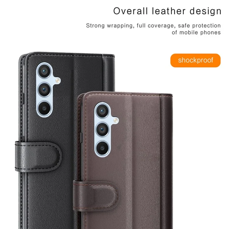 For Samsung Galaxy A54 5G Case Genuine Split Leather Phone Cover with Wallet Stand - Black-Cellmalls