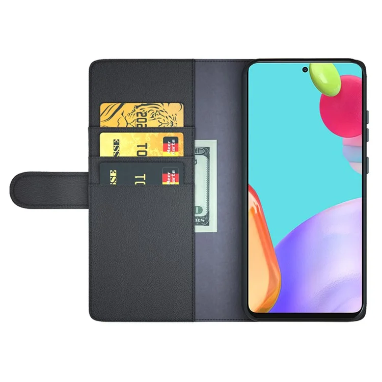 For Samsung Galaxy A52 5G / 4G Case Genuine Split Leather Phone Cover with Wallet Stand - Black-Cellmalls