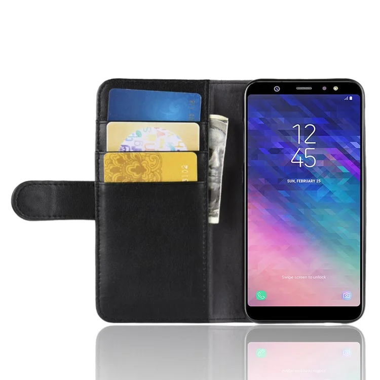 For Samsung Galaxy A6 (2018) Genuine Split Leather Wallet Cell Phone Cover - Black-Cellmalls