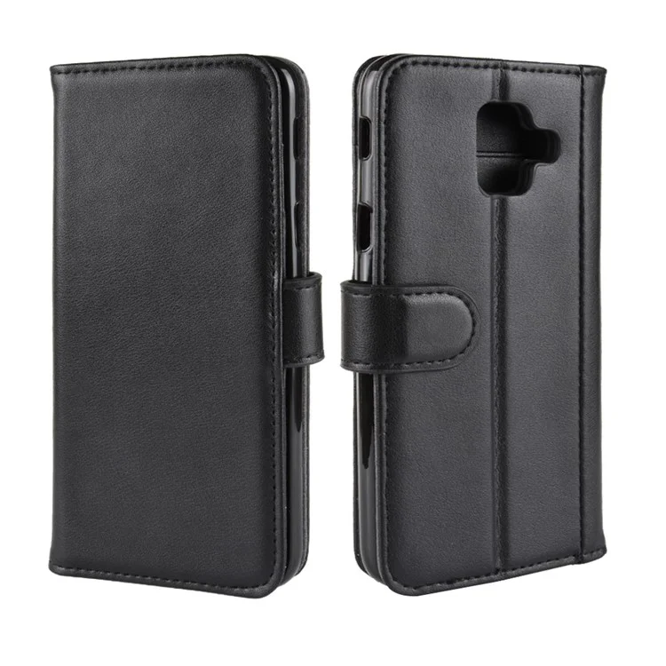 For Samsung Galaxy A6 (2018) Genuine Split Leather Wallet Cell Phone Cover - Black-Cellmalls