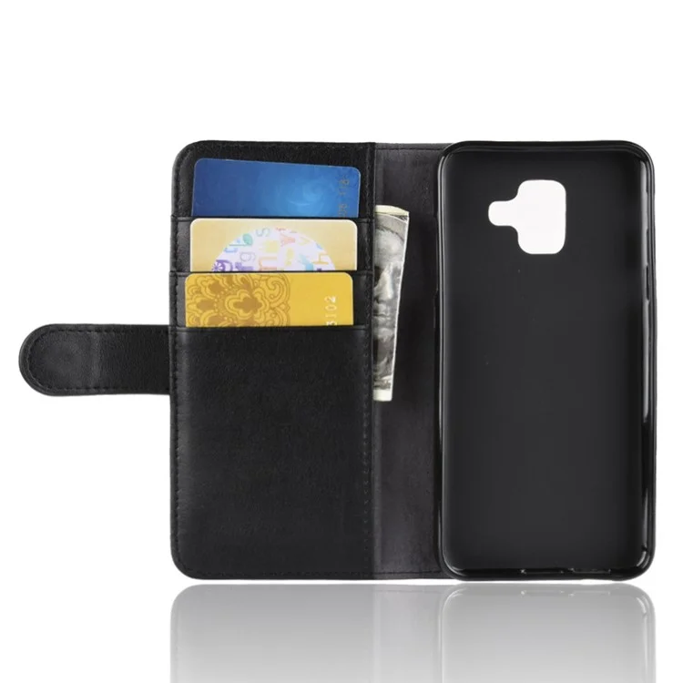 For Samsung Galaxy A6 (2018) Genuine Split Leather Wallet Cell Phone Cover - Black-Cellmalls