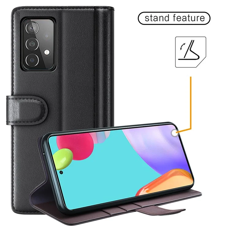 For Samsung Galaxy A52 5G / 4G Case Genuine Split Leather Phone Cover with Wallet Stand - Black-Cellmalls