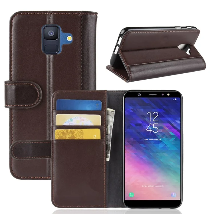 For Samsung Galaxy A6 (2018) Genuine Split Leather Wallet Cell Phone Cover - Black-Cellmalls