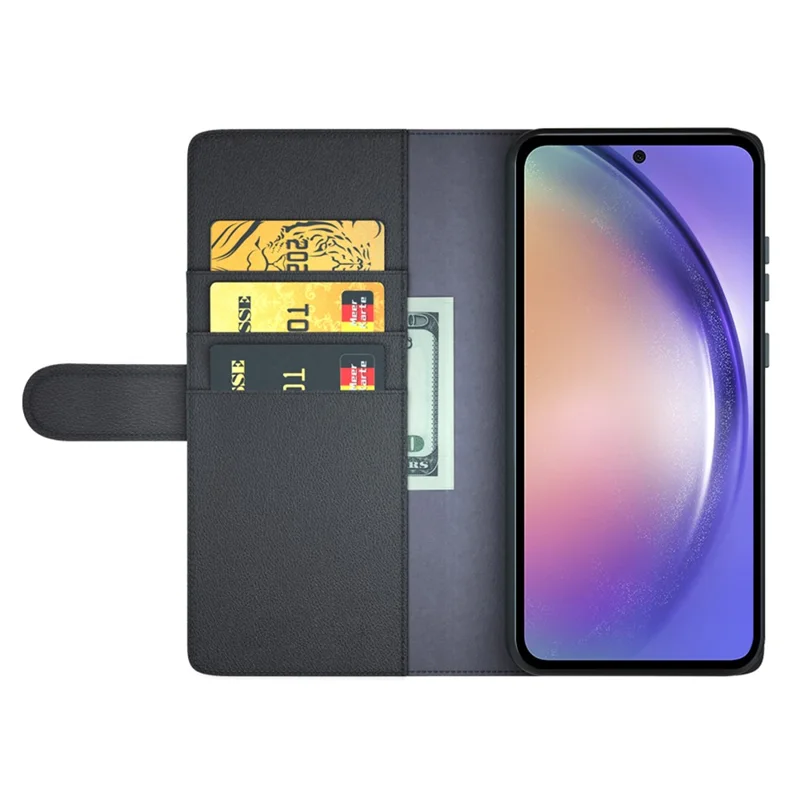 For Samsung Galaxy A55 5G Case Genuine Cow Leather + Split Leather Phone Cover with Wallet Stand - Black-Cellmalls