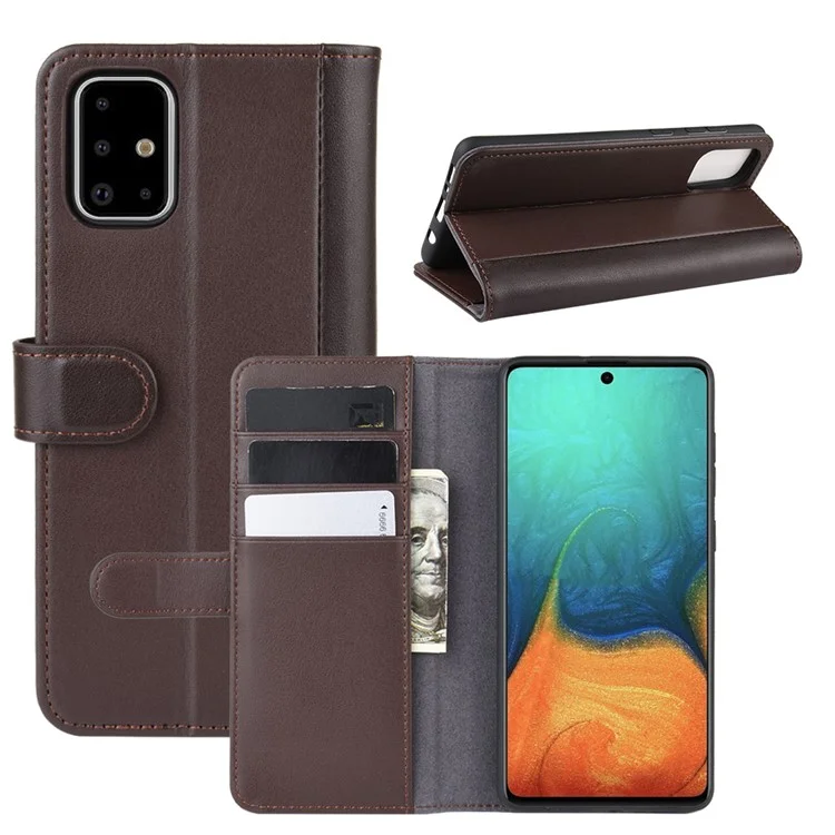 For Samsung Galaxy A71 Phone Cases Genuine Split Leather Wallet Mobile Cover Stand - Black-Cellmalls