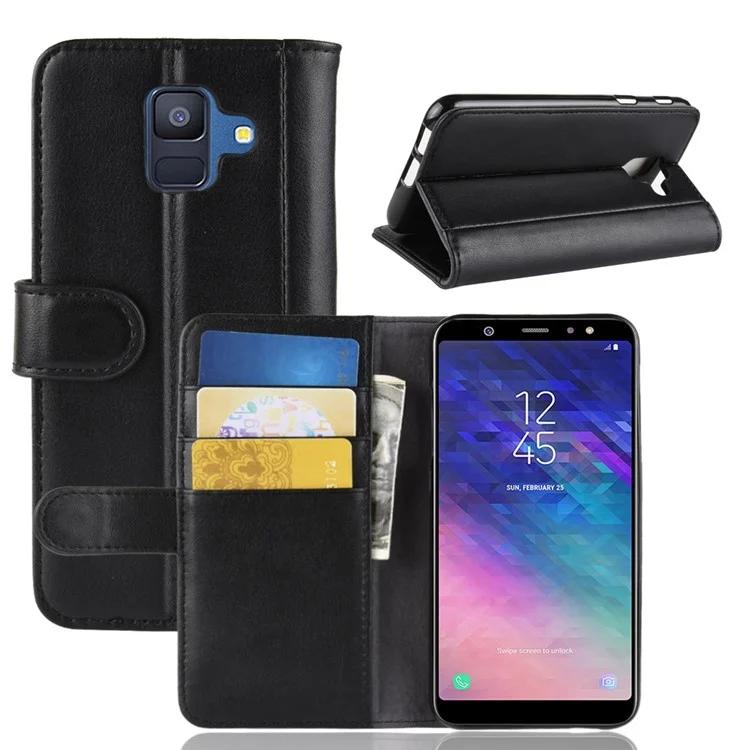 For Samsung Galaxy A6 (2018) Genuine Split Leather Wallet Cell Phone Cover - Black-Cellmalls