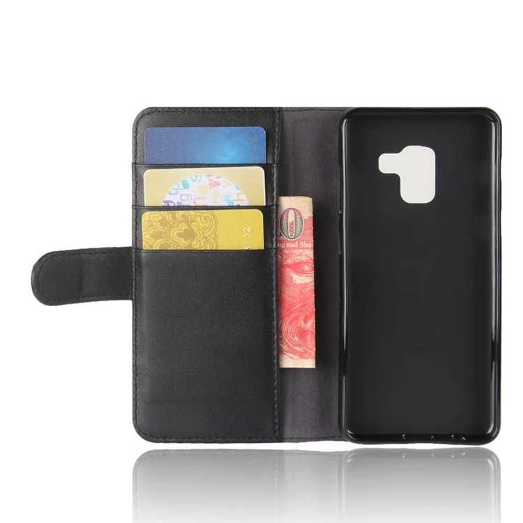 Genuine Leather Wallet Stand Phone Cover for Samsung Galaxy A8 (2018) Cell Phone Leather Shell - Black-Cellmalls